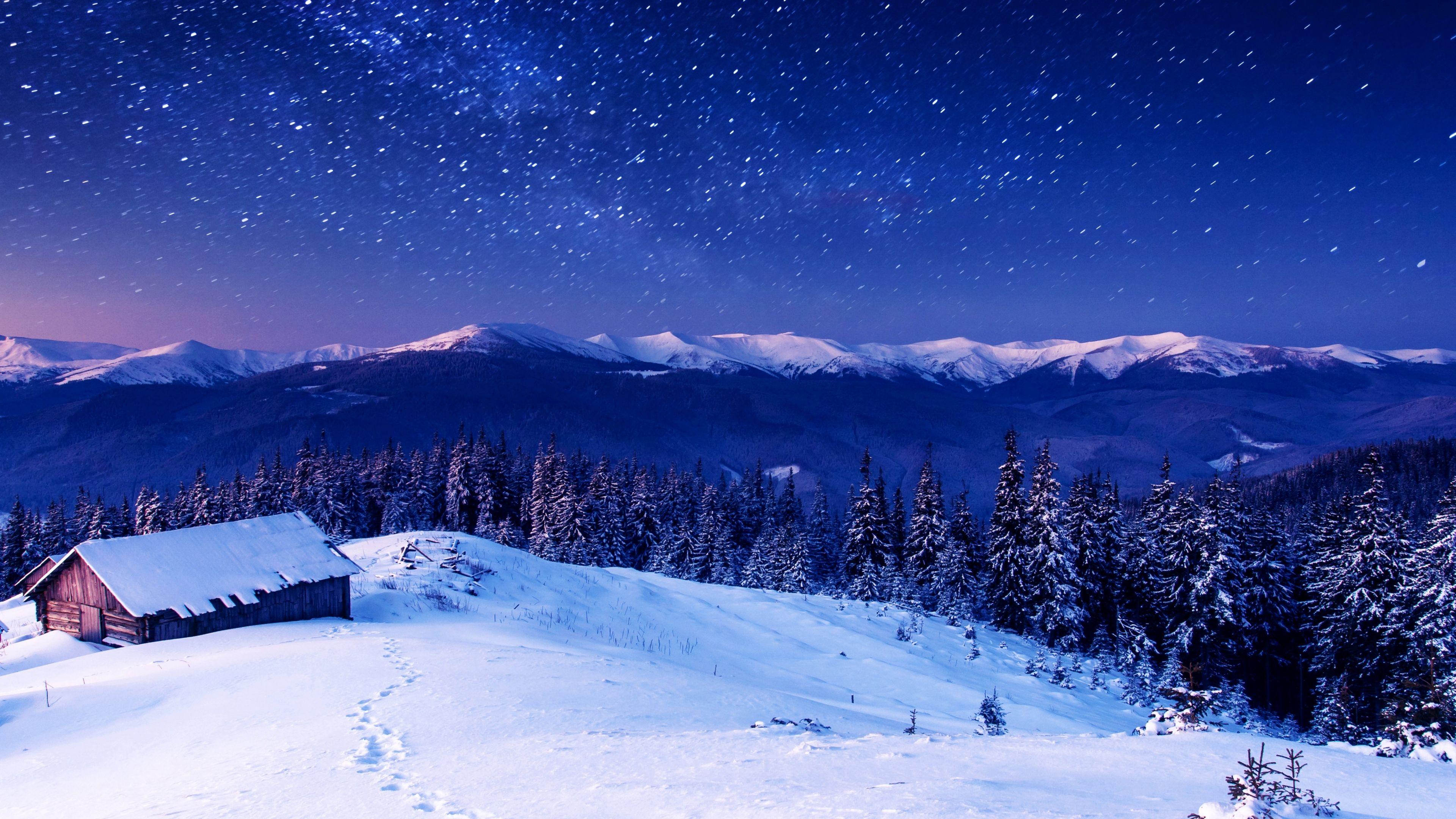 3840x2160 Download Mountains, 5k, 4k wallpaper, 8k, night, stars, trees, sky, snow 4K resolution 16:9 ratio wallpaper 3840x2160