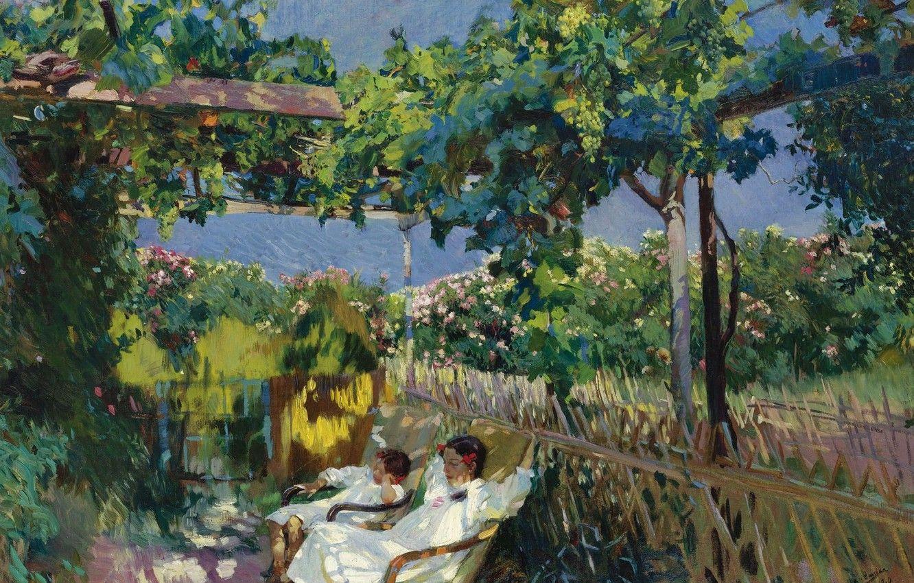 1332x850 Wallpaper landscape, picture, Joaquin Sorolla, Joaquin Sorolla and Bastida, Siesta in the Garden image for desktop, section живопись