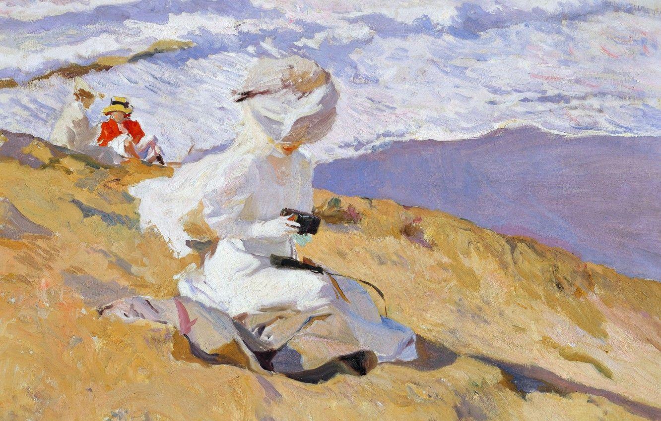 1332x850 Wallpaper women, shore, picture, slope, Joaquin Sorolla, To Catch The Moment image for desktop, section живопись