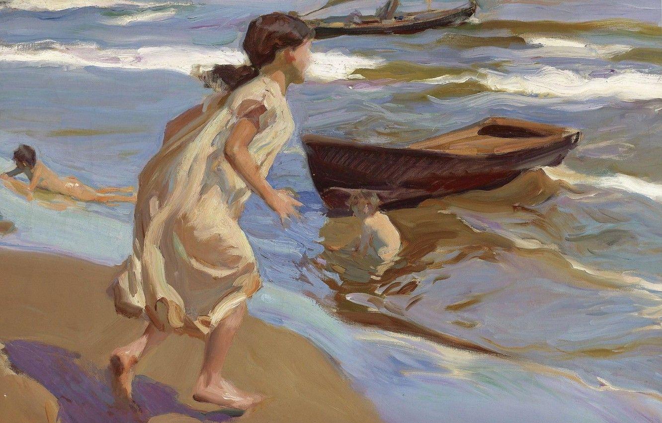 1332x850 Wallpaper children, boat, picture, genre, Joaquin Sorolla, Joaquin Sorolla and Bastida, Bath Time image for desktop, section живопись