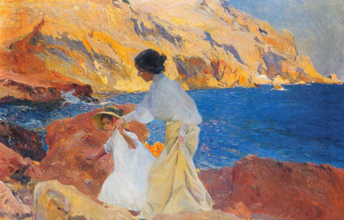 1332x850 Wallpaper sea, landscape, picture, genre, Joaquin Sorolla, Clotilde and Elena on the Rocks image for desktop, section живопись