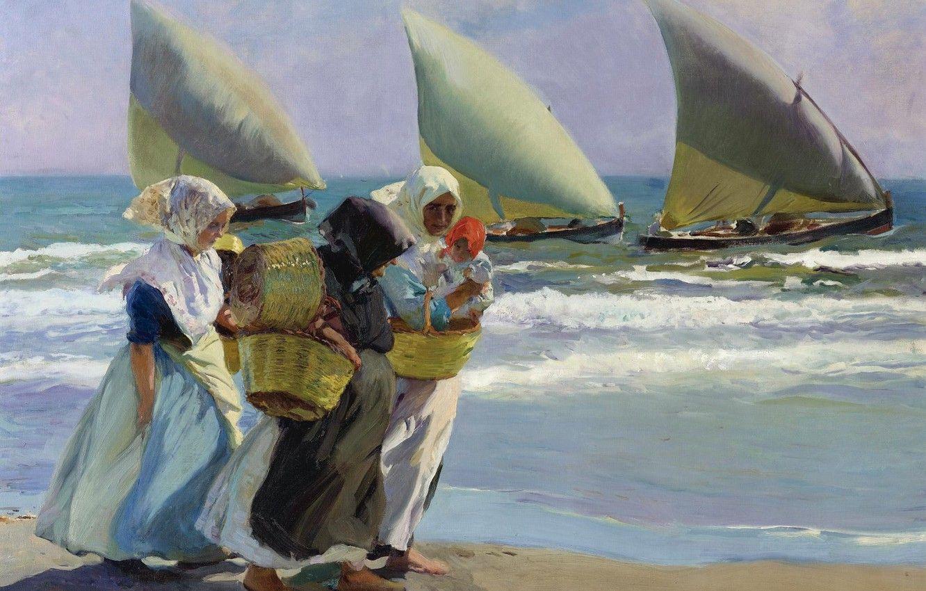 1332x850 Wallpaper women, shore, boat, picture, sail, seascape, genre, Joaquin Sorolla, Three Sails image for desktop, section живопись