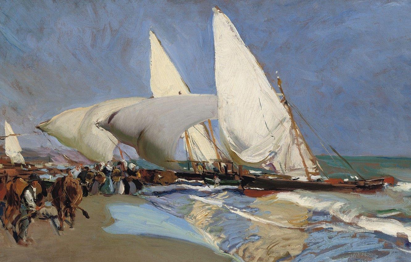 1332x850 Wallpaper shore, boat, picture, sail, seascape, Beach Of Valencia, Joaquin Sorolla image for desktop, section живопись