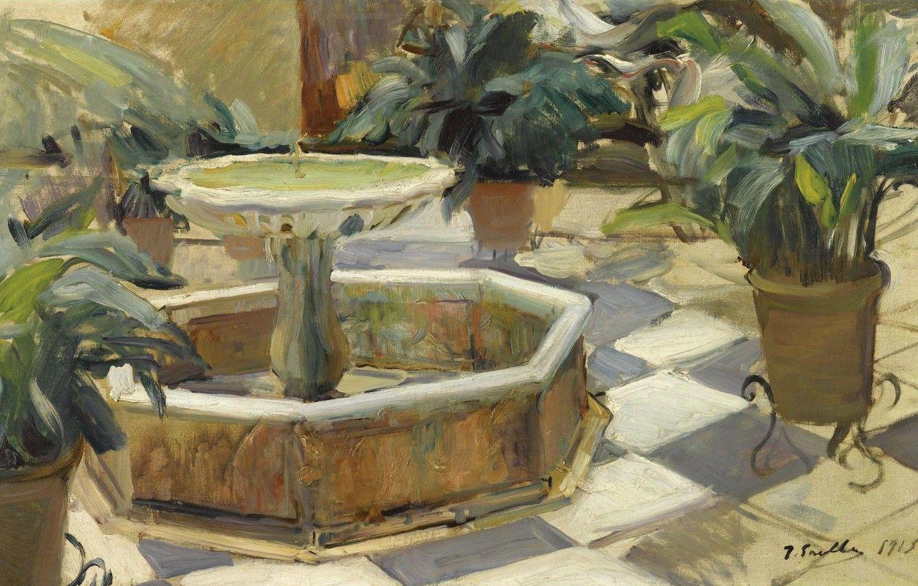 1332x850 Wallpaper landscape, picture, Joaquin Sorolla, Joaquin Sorolla and Bastida, The fountain in the Courtyard. Seville image for desktop, section живопись