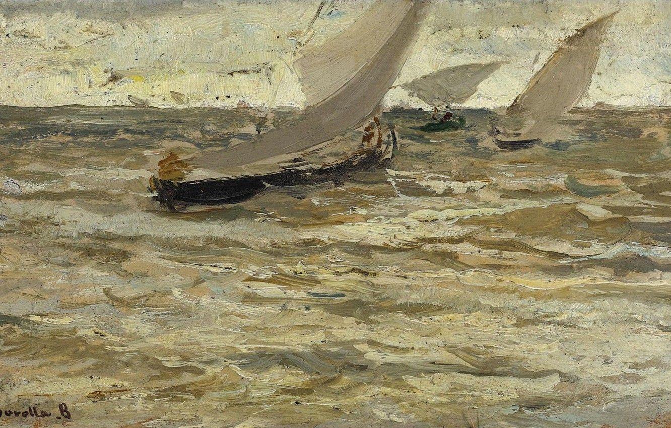 1332x850 Wallpaper picture, sail, seascape, Joaquin Sorolla, Joaquin Sorolla and Bastida, Boats Leaving The Harbour. Asturias image for desktop, section живопись