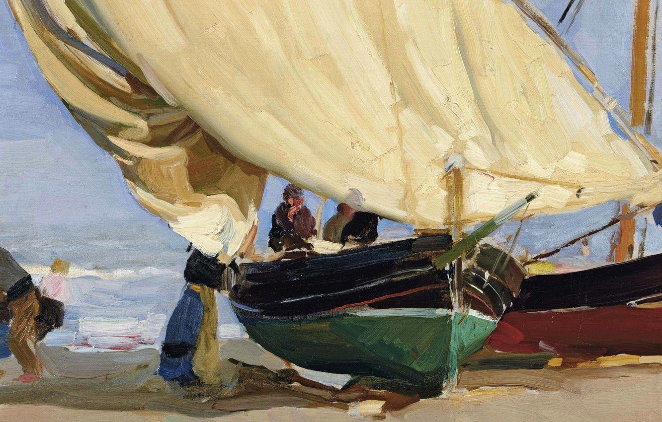 1332x850 Wallpaper picture, sail, Joaquin Sorolla, Fishing Boat in the Shallows image for desktop, section живопись