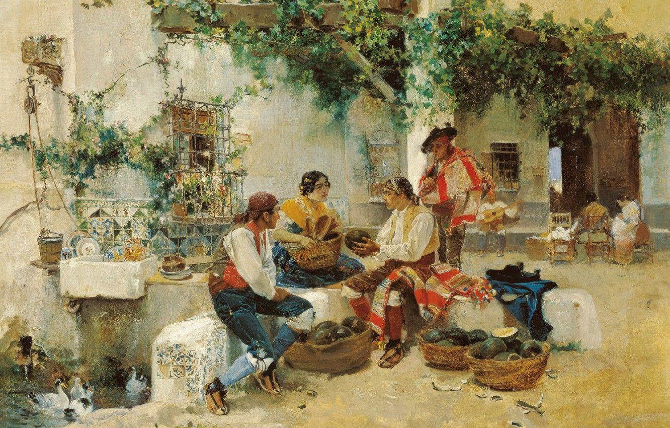 1332x850 Wallpaper the city, house, people, picture, trade, genre, Joaquin Sorolla, Selling Melons image for desktop, section живопись