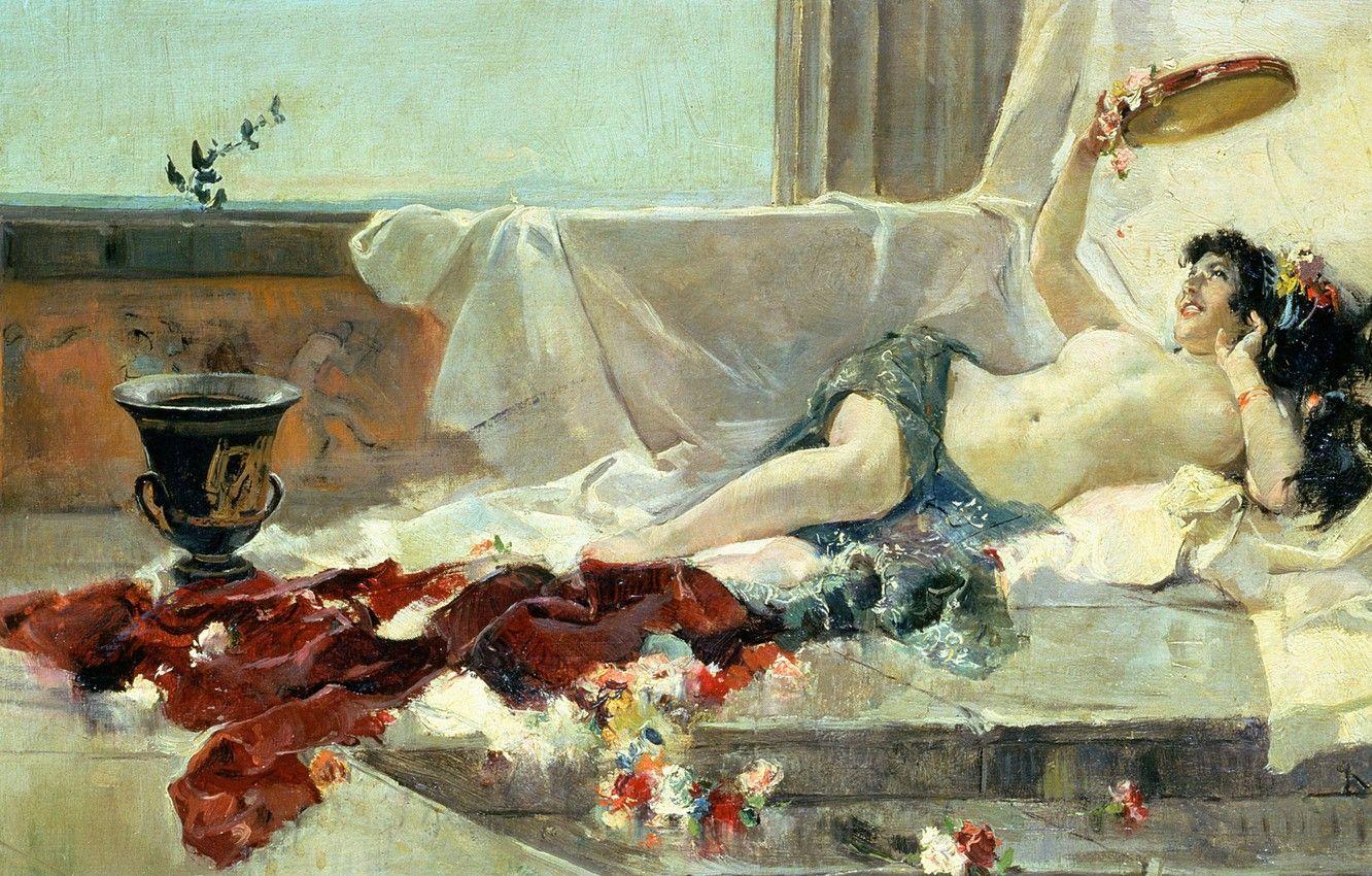 1332x850 Wallpaper erotic, chest, flowers, picture, vase, Nude, bed, Joaquin Sorolla image for desktop, section живопись