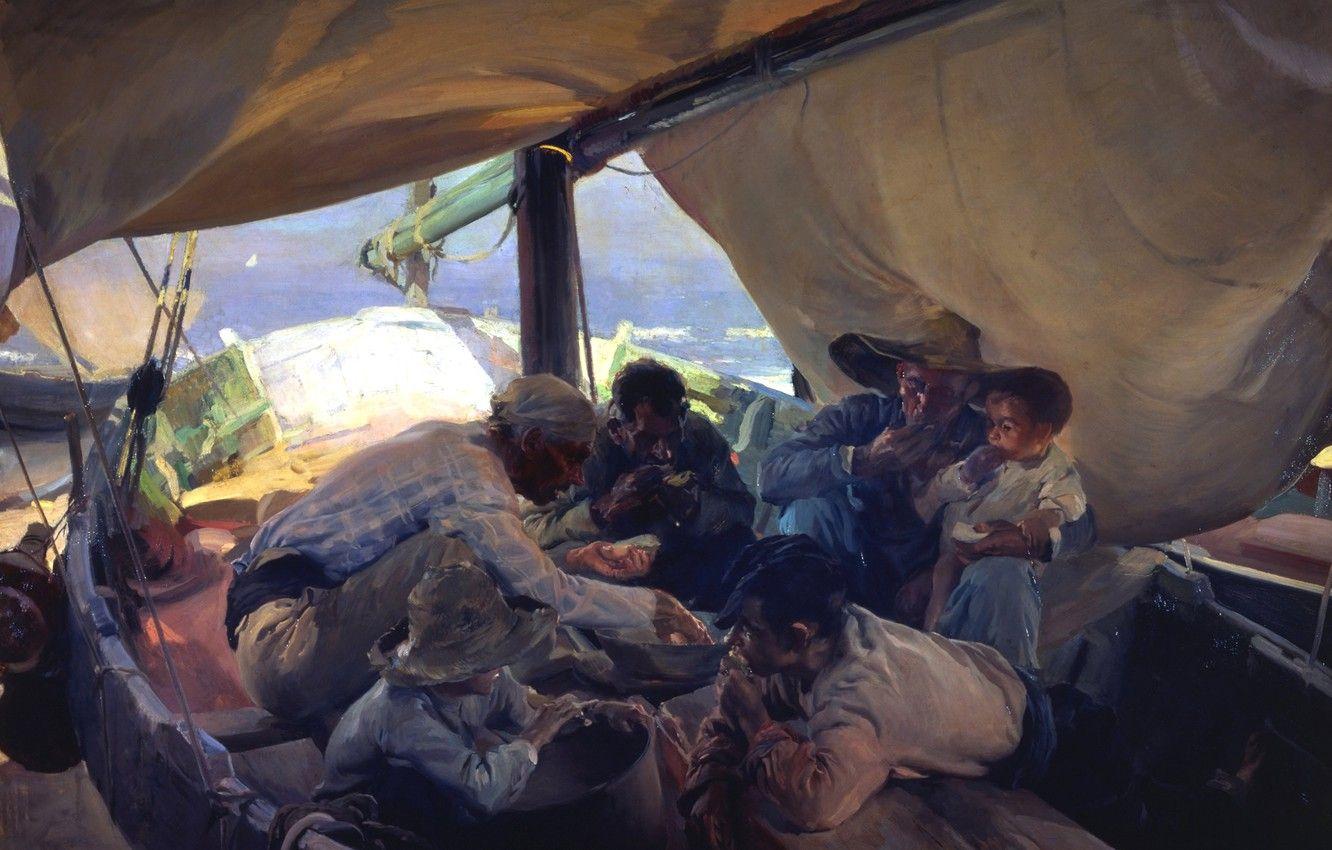 1332x850 Wallpaper picture, sail, fishermen, genre, Joaquin Sorolla, Lunch in the Boat image for desktop, section живопись