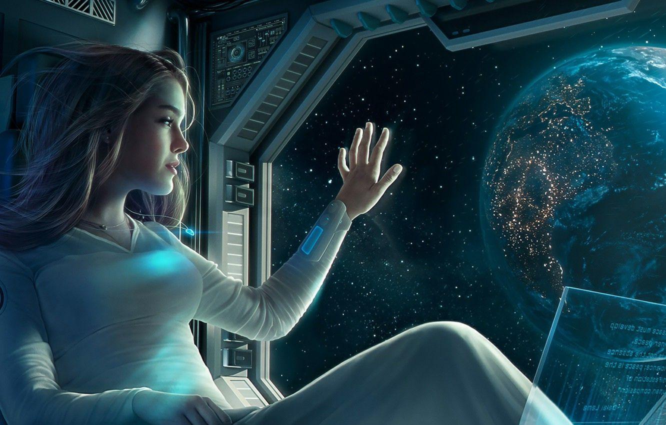 1332x850 Wallpaper Space, Girl, Fantasy, Earth, Computer, Science Fiction, Stars, Sci Fi, Planet, Artwork, Fantasy Art, Illustration, Futuristic, Spaceschip Image For Desktop, Section фантастика