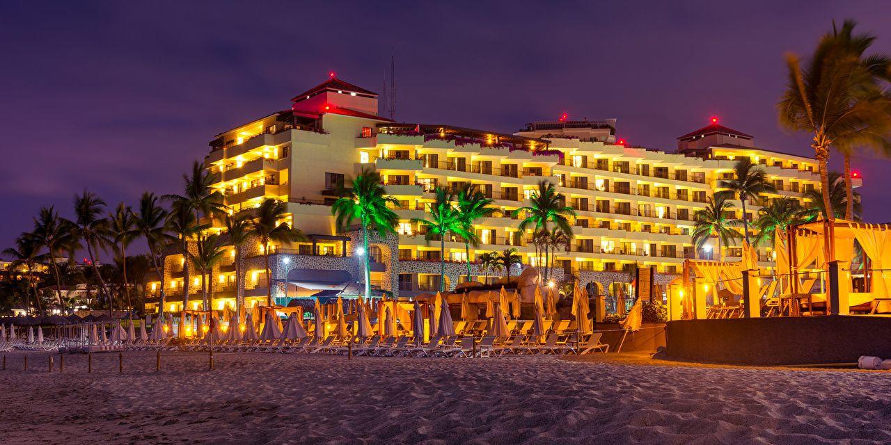 1280x640 image Mexico Puerto Vallarta beaches Sand Palms Evening Cities