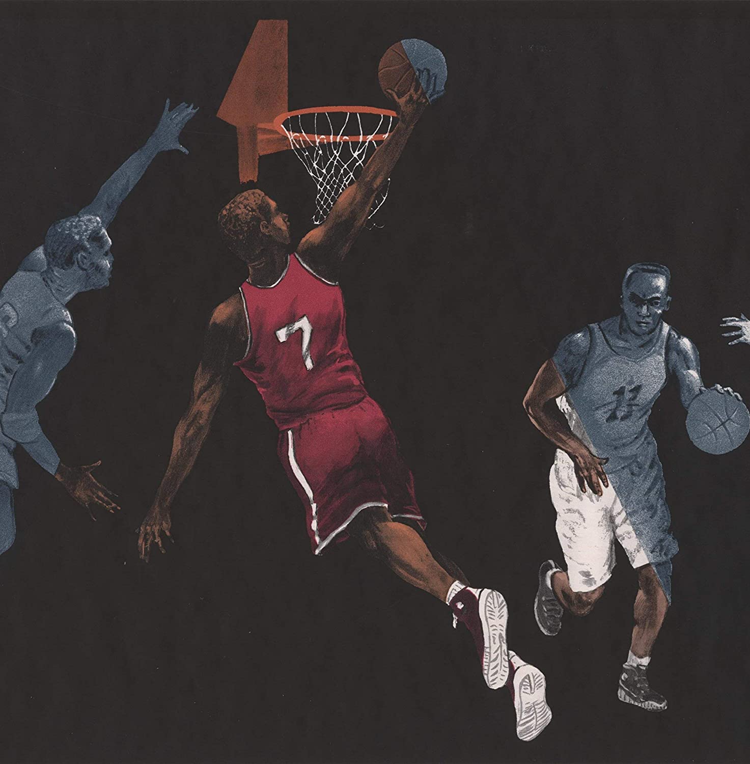 1473x1500 Basketball Players Black Sports Wallpaper Border Retro Design, Roll 15' x 10.5''
