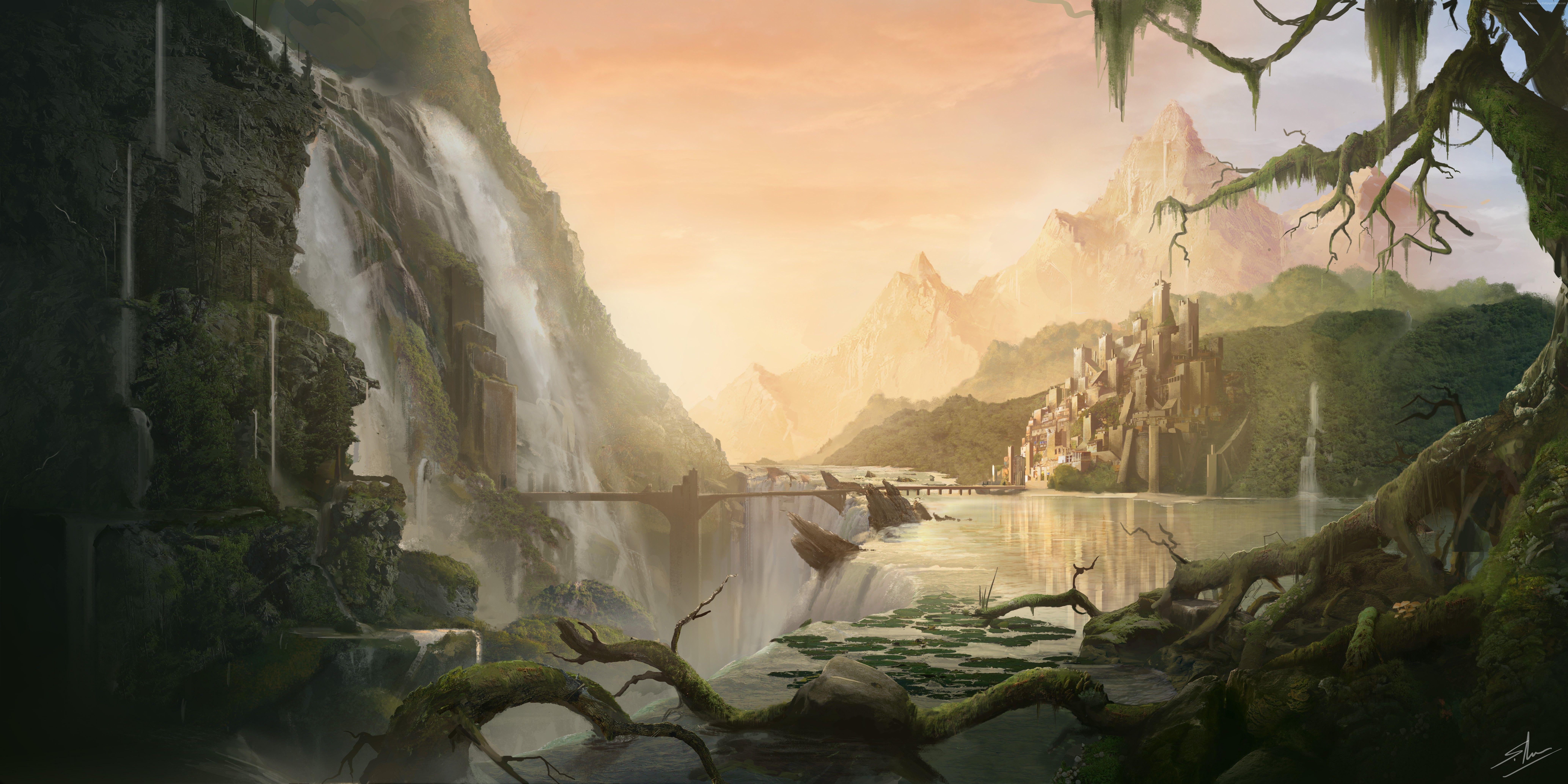8268x4134 k wallpaper, #forest, #city, k, #matte painting, #village, #river, #art, k, #waterfall, #bridge. Mocah HD Wallpaper
