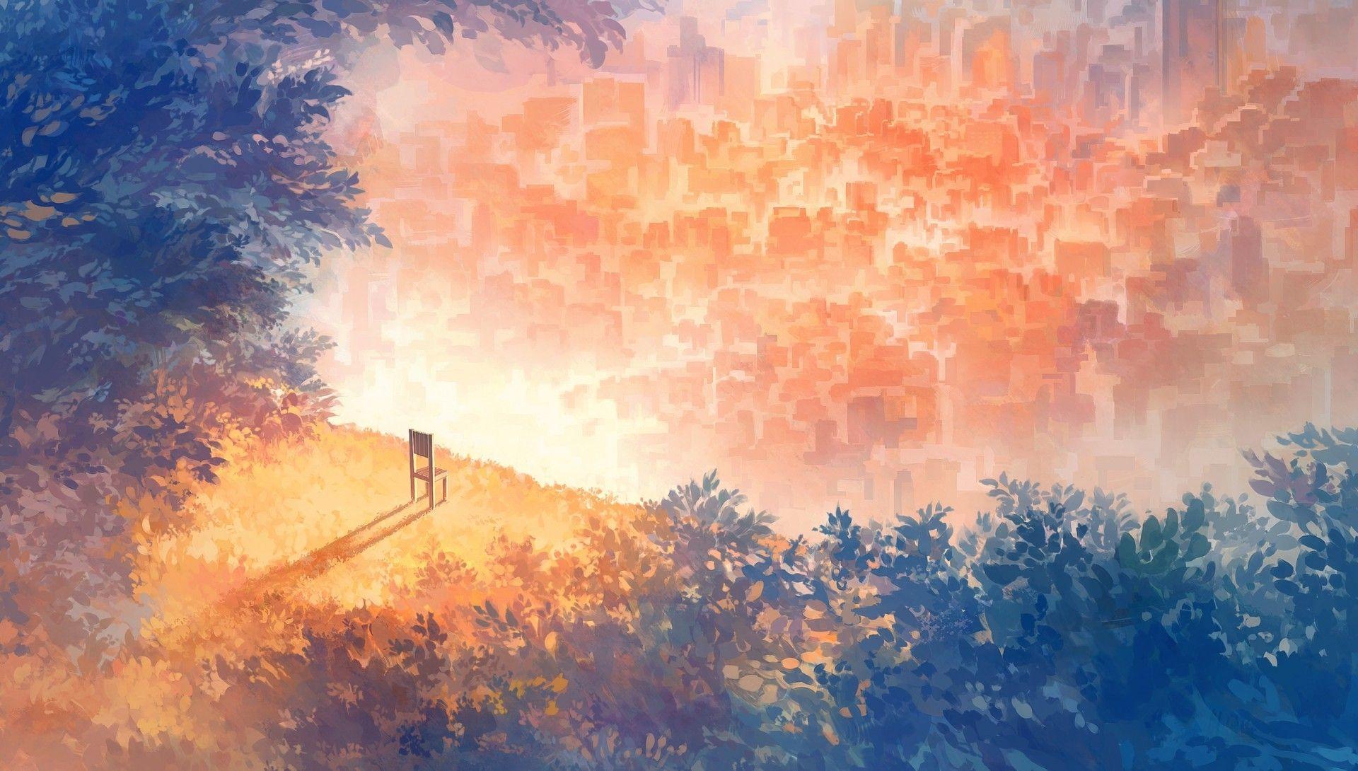 1920x1090 Download 1920x1090 Anime Forest, City, Chair, Two Dimensions, Scenic, Skyscrapers Wallpaper