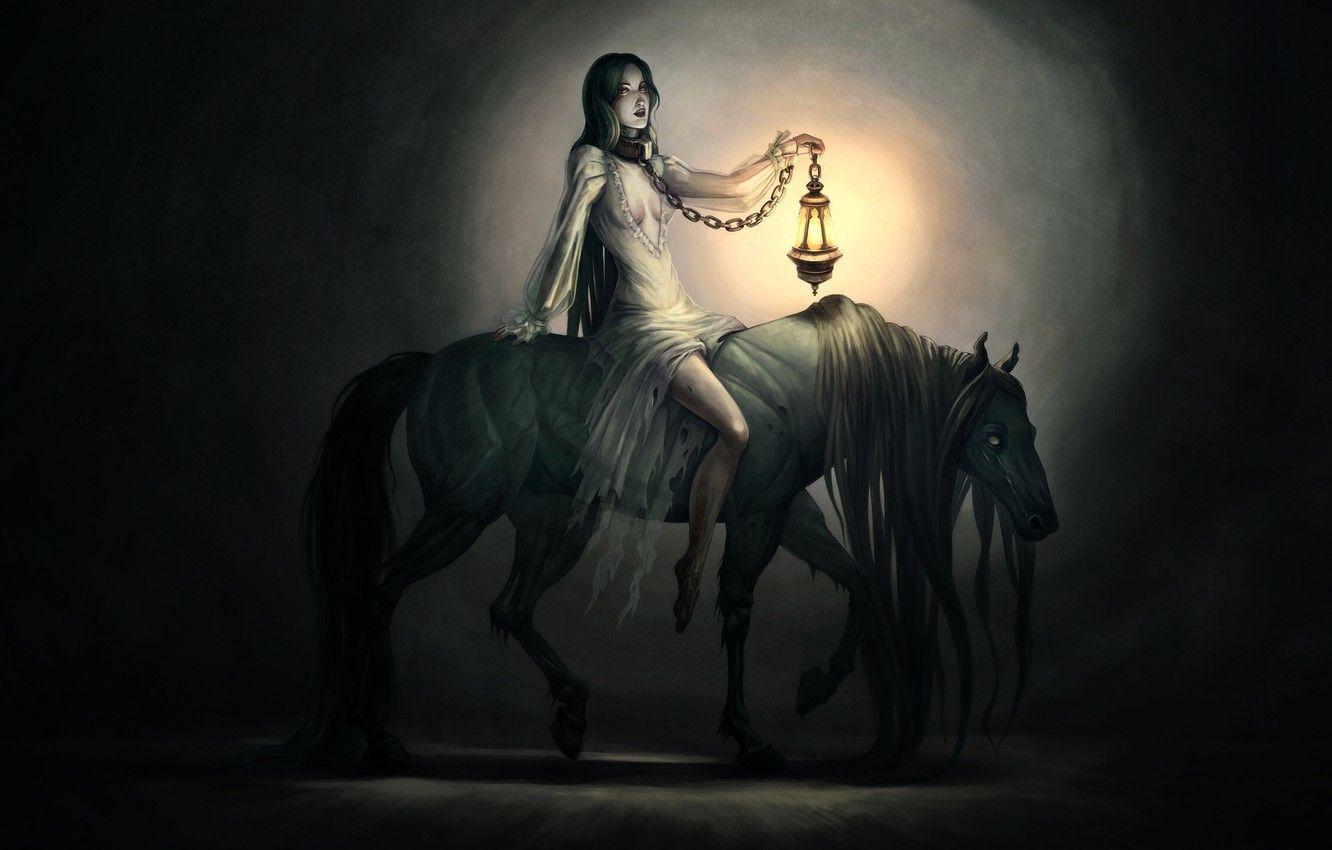 1332x850 Wallpaper Girl, Horse, Girl, Dark, Lantern, Zombie, Art, Art, Undead, Undead, Zombies, Rider, Rider, Horse, Lantern, Fetter image for desktop, section фантастика