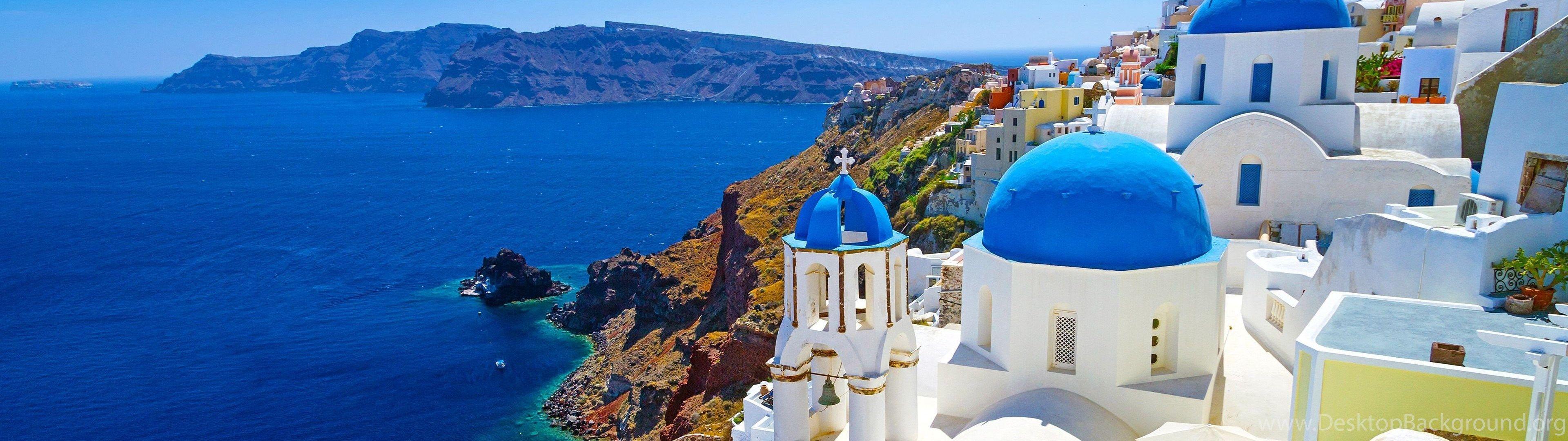 3840x1080 Santorini Cyclades Islands Aegean Sea Greece 4K Desktop Background
