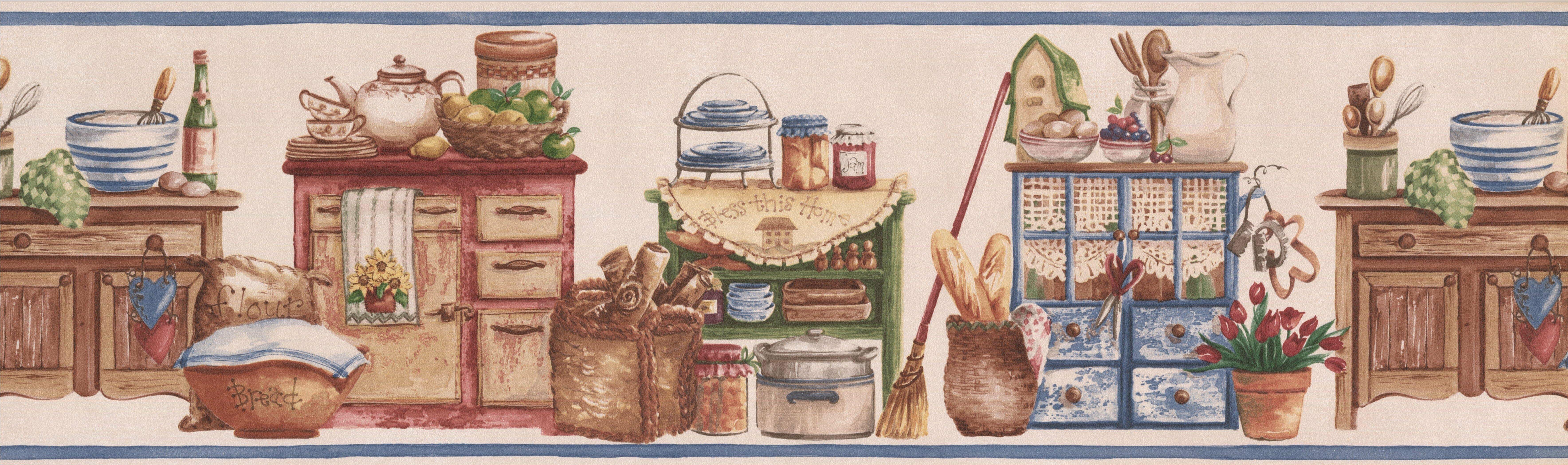 7071x2098 August Grove® Bourke Vintage Kitchen Wooden Chests Food Jars Baskets Bowls Country 7' L x 180 W Wallpaper Border
