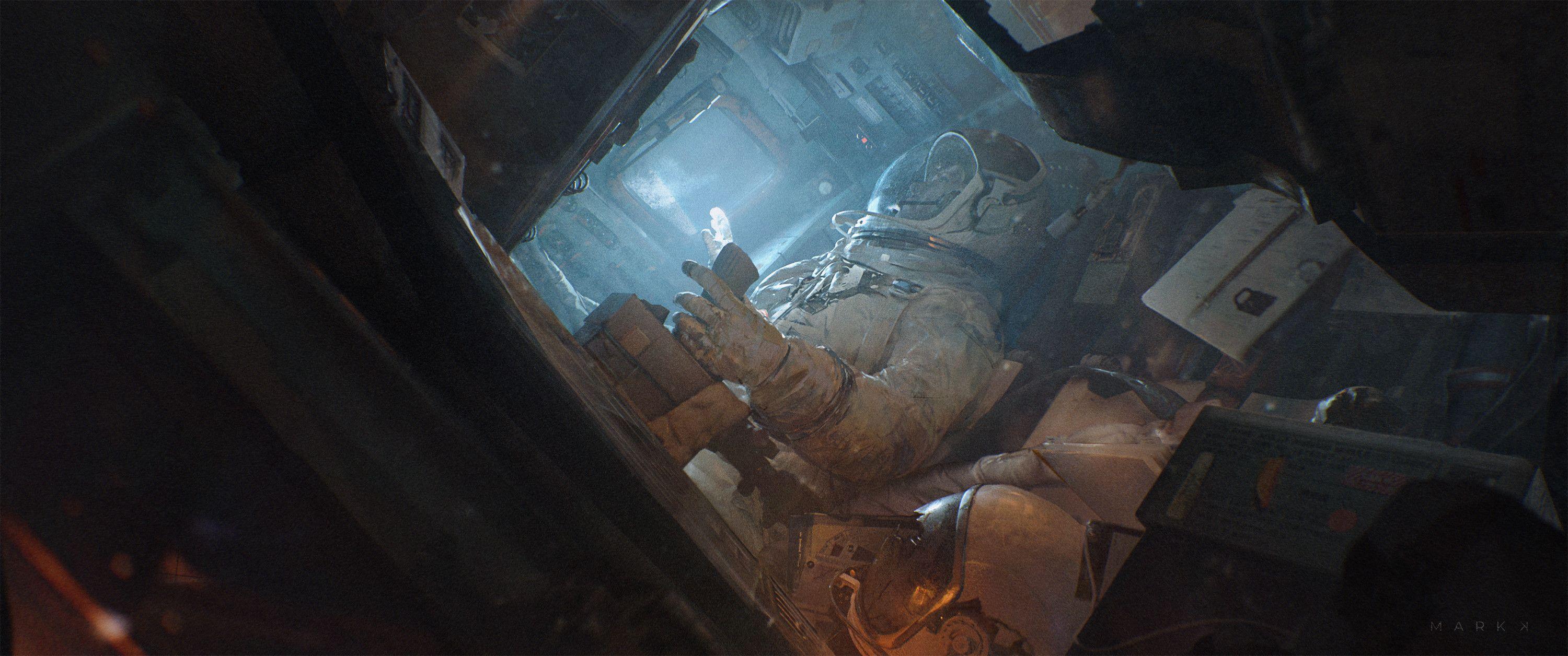 3000x1256 Digital Art Artwork Astronaut Space Suit Spaceship Wallpaper:3000x1256