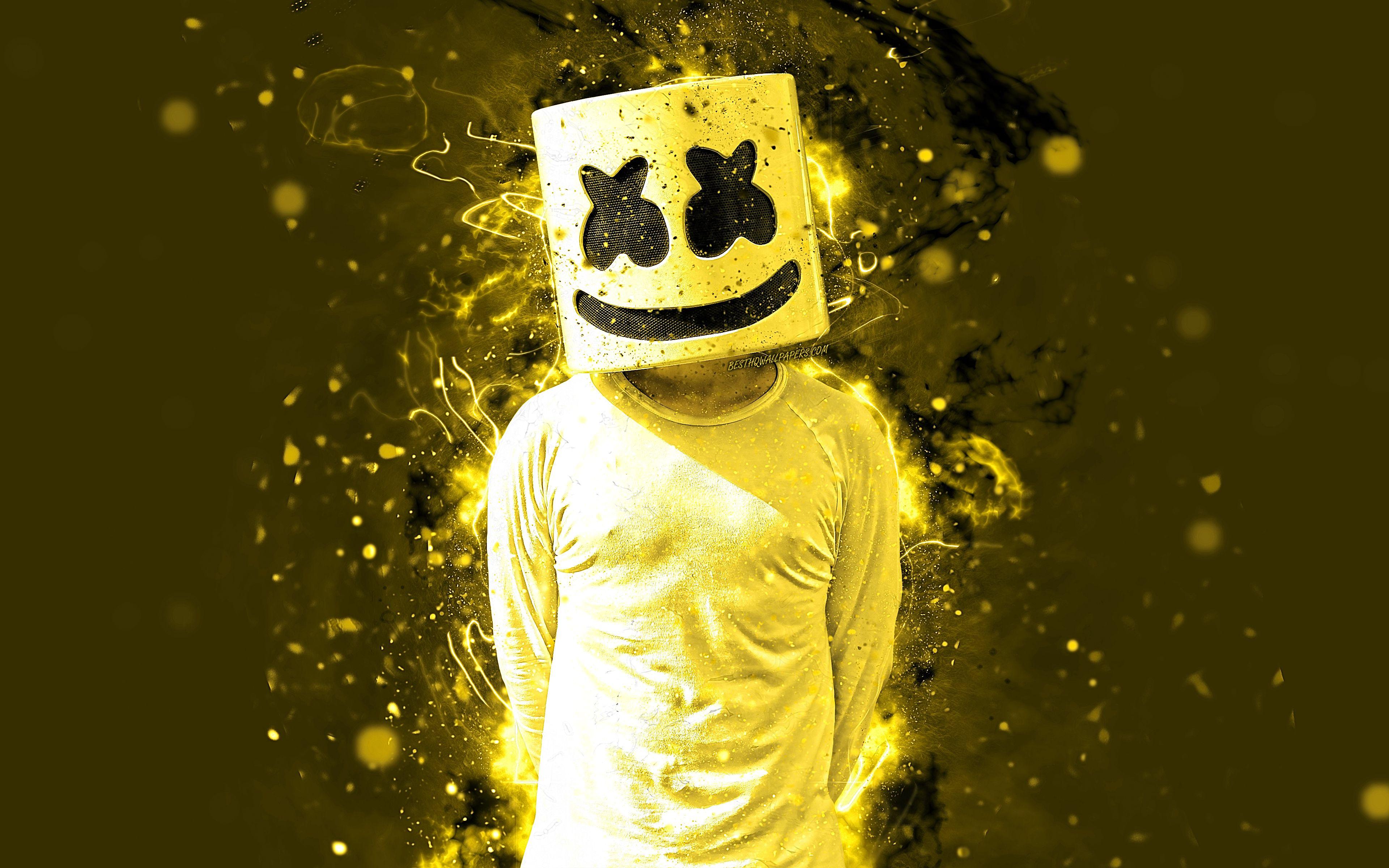 3840x2400 Download wallpaper 4k, DJ Marshmello, yellow neon lights, superstars, Christopher Comstock, artwork, american DJ, fan art, Marshmello 4K, yellow background, music stars, creative, Marshmello, DJs for desktop with resolution 3840x2400. High Quality
