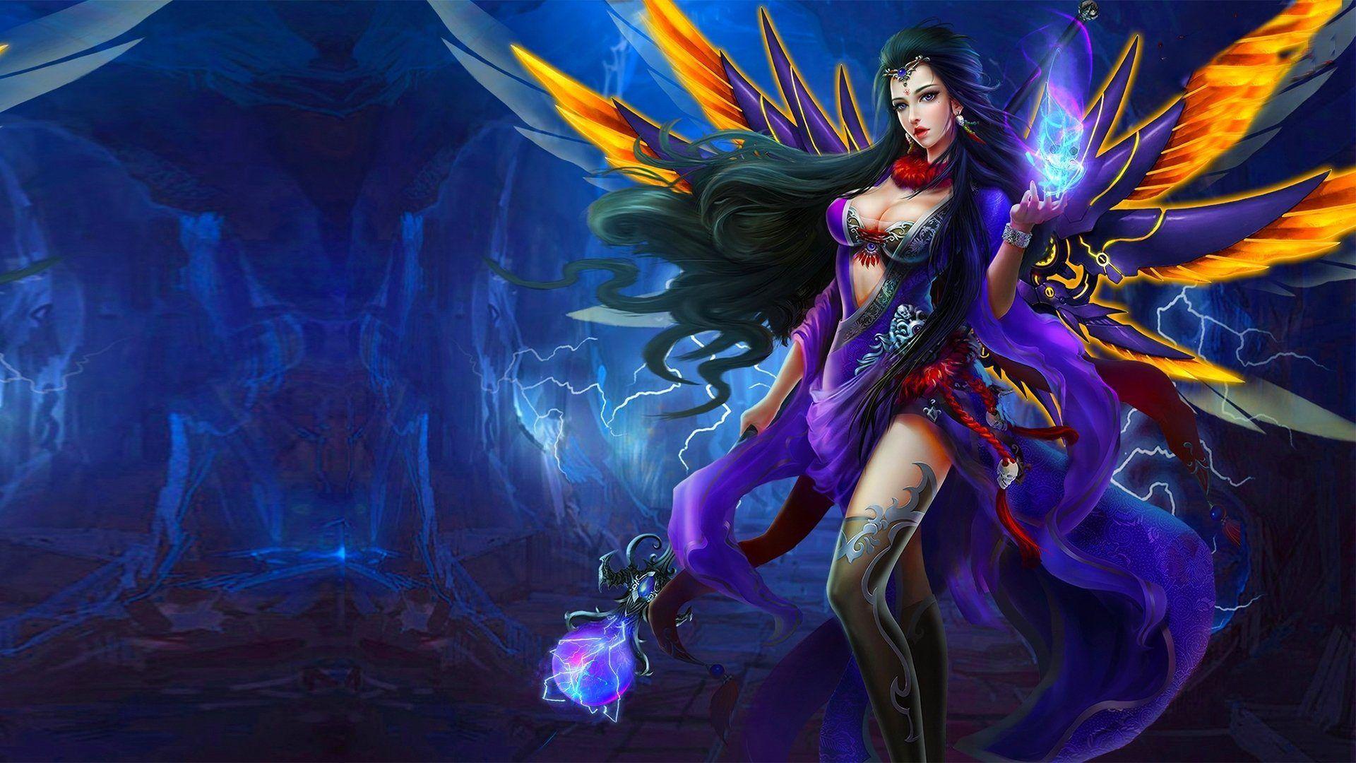 1920x1080 Purple Angel Girl with wings magic wand Fantasy art Wallpaper for Android :