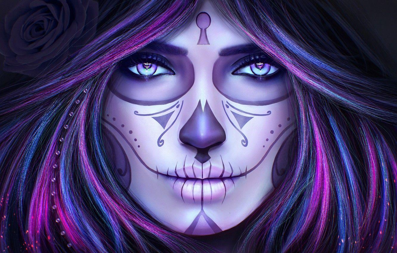 1332x850 Wallpaper eyes, look, girl, face, death, hair, skull, makeup, tattoo, art image for desktop, section живопись