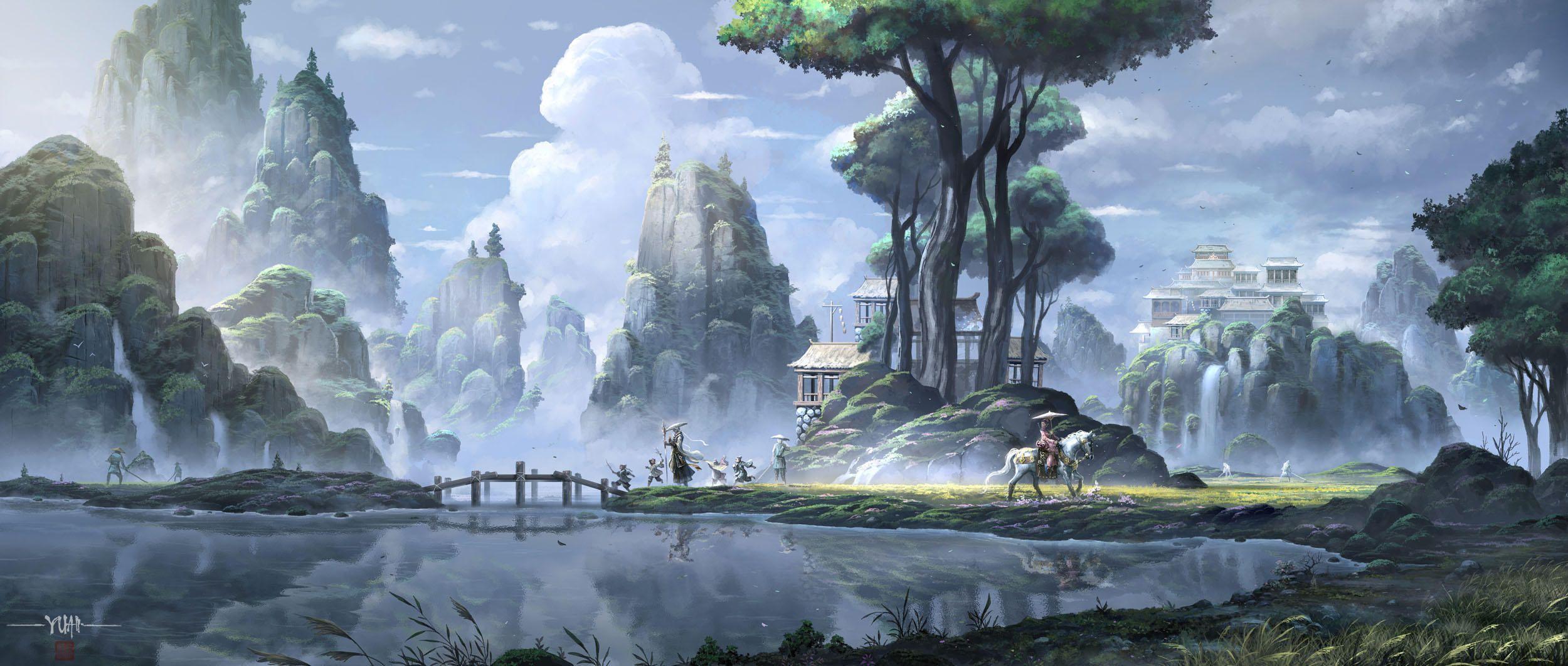 2500x1061 Early Summer by ChaoyuanXu. Fantasy landscape, Landscape wallpaper, Chinese landscape