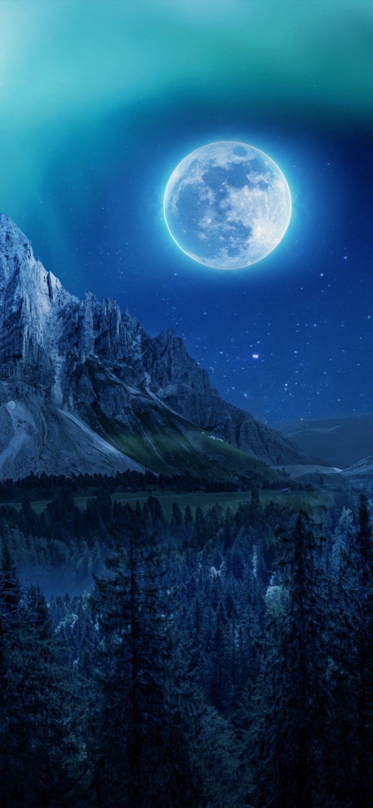 1242x2688 Moon 4K Wallpaper, Aurora Borealis, Mountains, Winter, Forest, Night, Nature