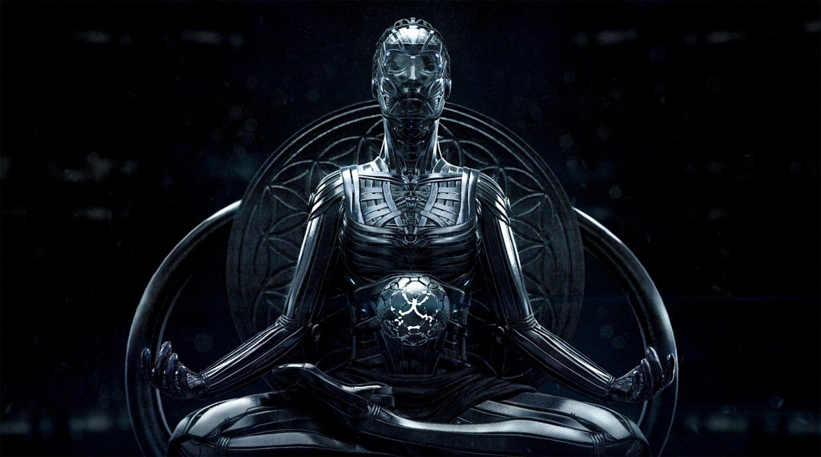 1600x891 digital art, monochrome, robot, sculpture, statue, meditation, darkness, screenshot, computer wallpaper, fictional character. Mocah.org HD Wallpaper