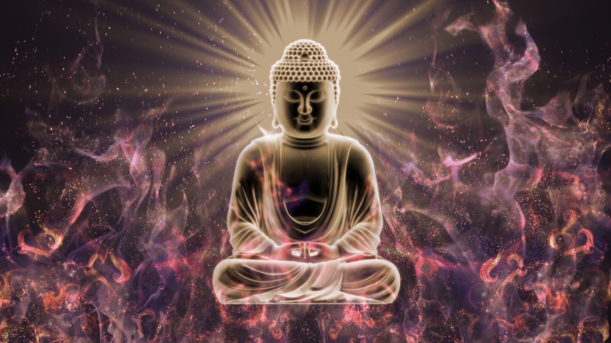2560x1440 Buddha, Sitting, Closed Eyes, Digital Art, Buddhism, Meditation, Glowing, Fire, Blurred, Fractal, Abstract Wallpaper HD / Desktop and Mobile Background