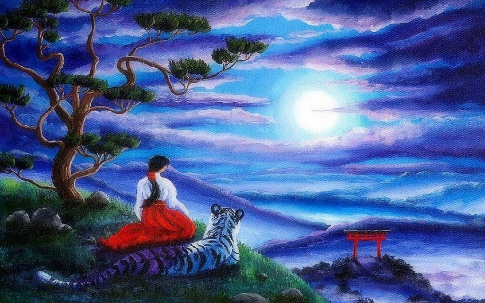 1680x1050 Woman Meditation Tiger Night desktop PC and Mac wallpaper