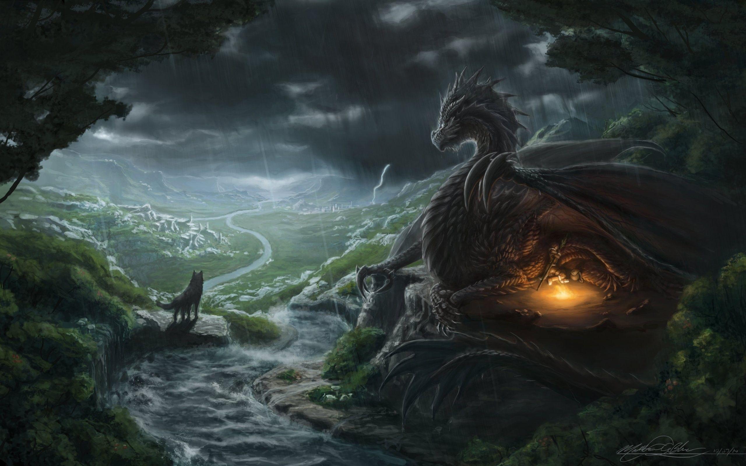 2560x1600 #river, #fantasy art, #dragon, #wolf, wallpaper. Mocah.org HD Desktop Wallpaper