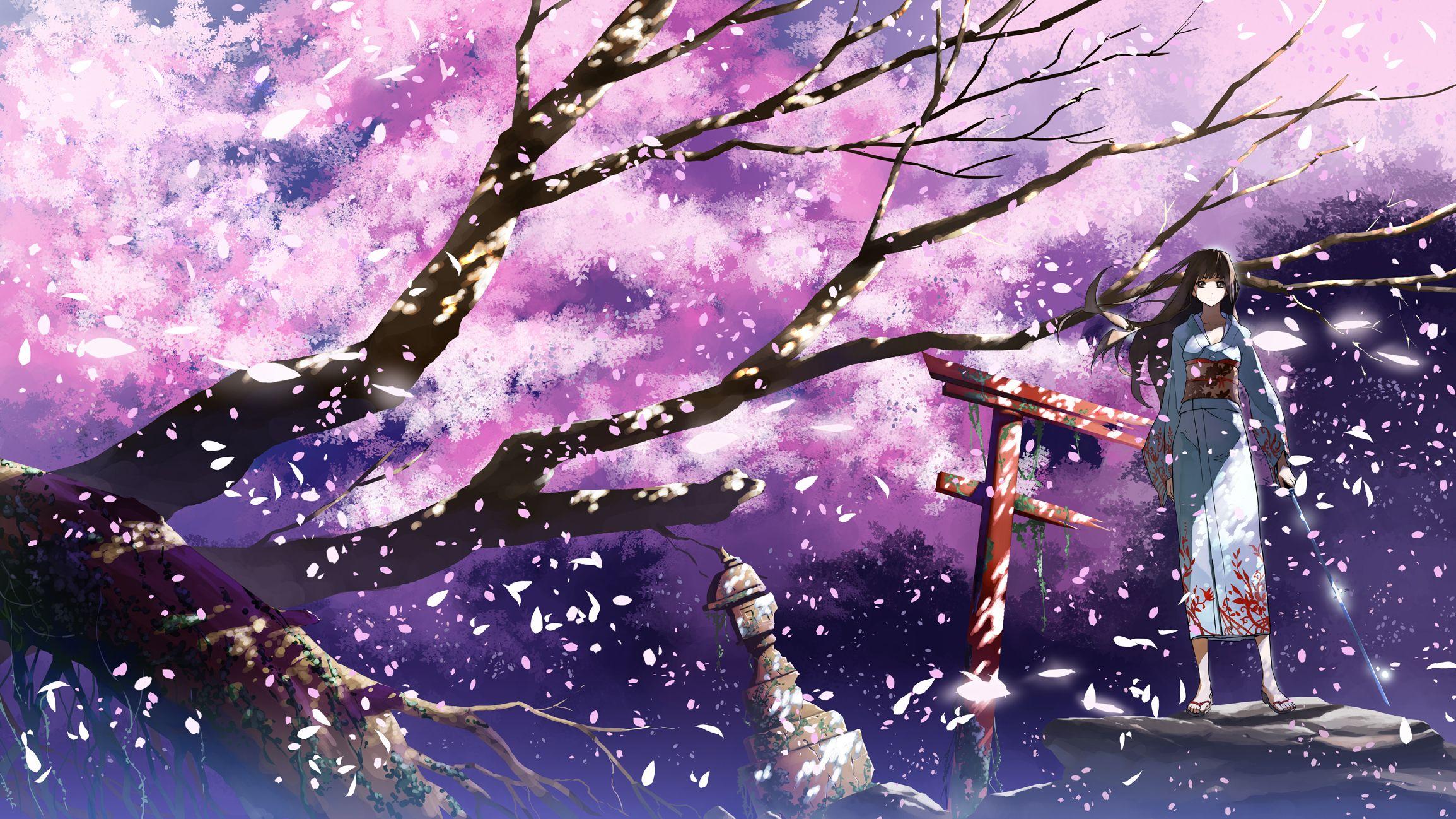 2309x1298 Cherry blossoms japanese clothes justminor katana original petals sword weapon wallpaperx1298