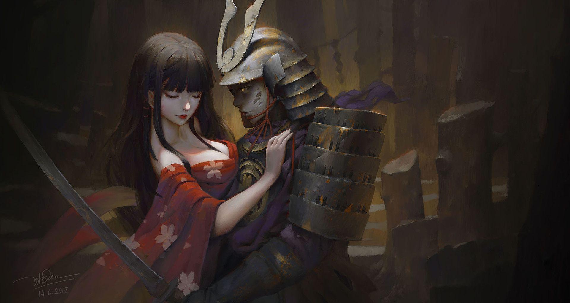 1920x1021 #armor, #samurai, #sword, #warrior, #fantasy art, #Japanese kimono wallpaper. Mocah HD Wallpaper