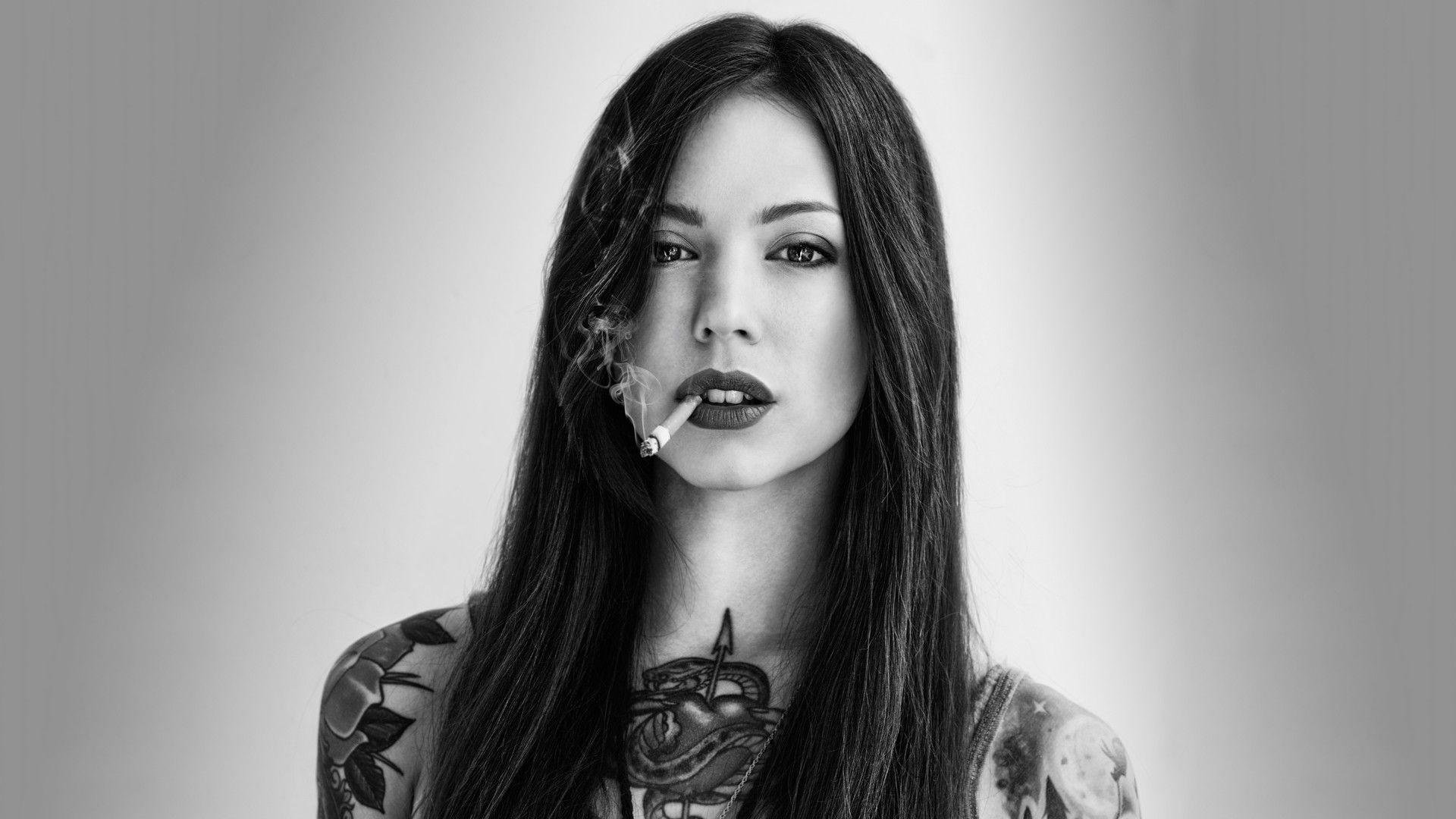 1920x1080 Brunette Cigarette Smoking Face Tattoo B W Wallpaperx1080