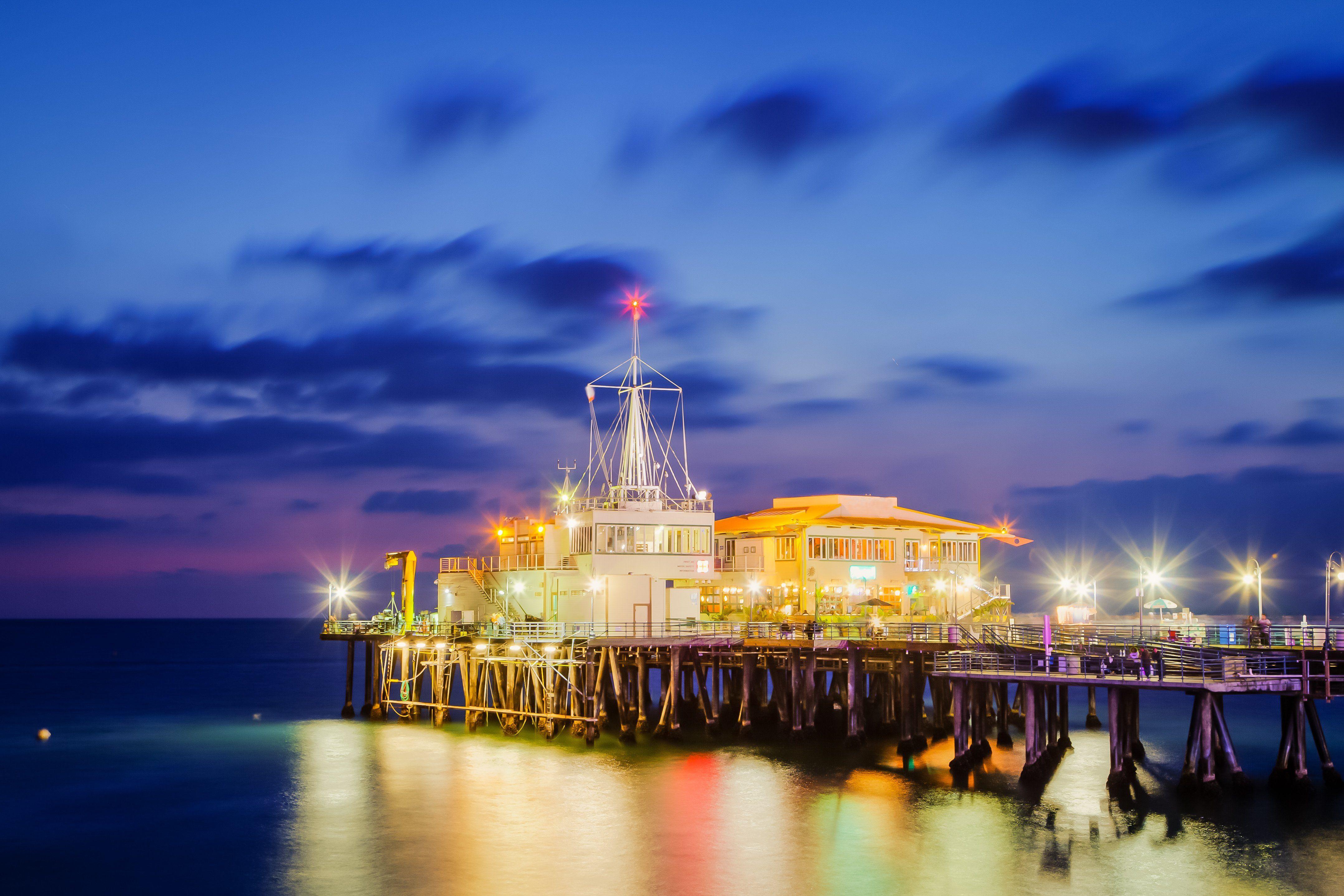 4314x2876 Santa Monica pier California USA ocean sea reflection lights wallpaperx2876