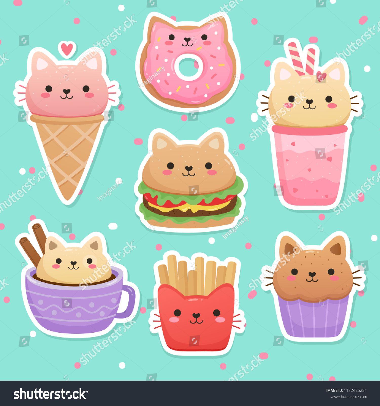 1500x1600 Illustrations of food in the shape of a cute cat. Milkshake, ice cream, donut, hamburger, muffin, cappuccino, frenc. Illustration food, Kawaii doodles, Cat vector