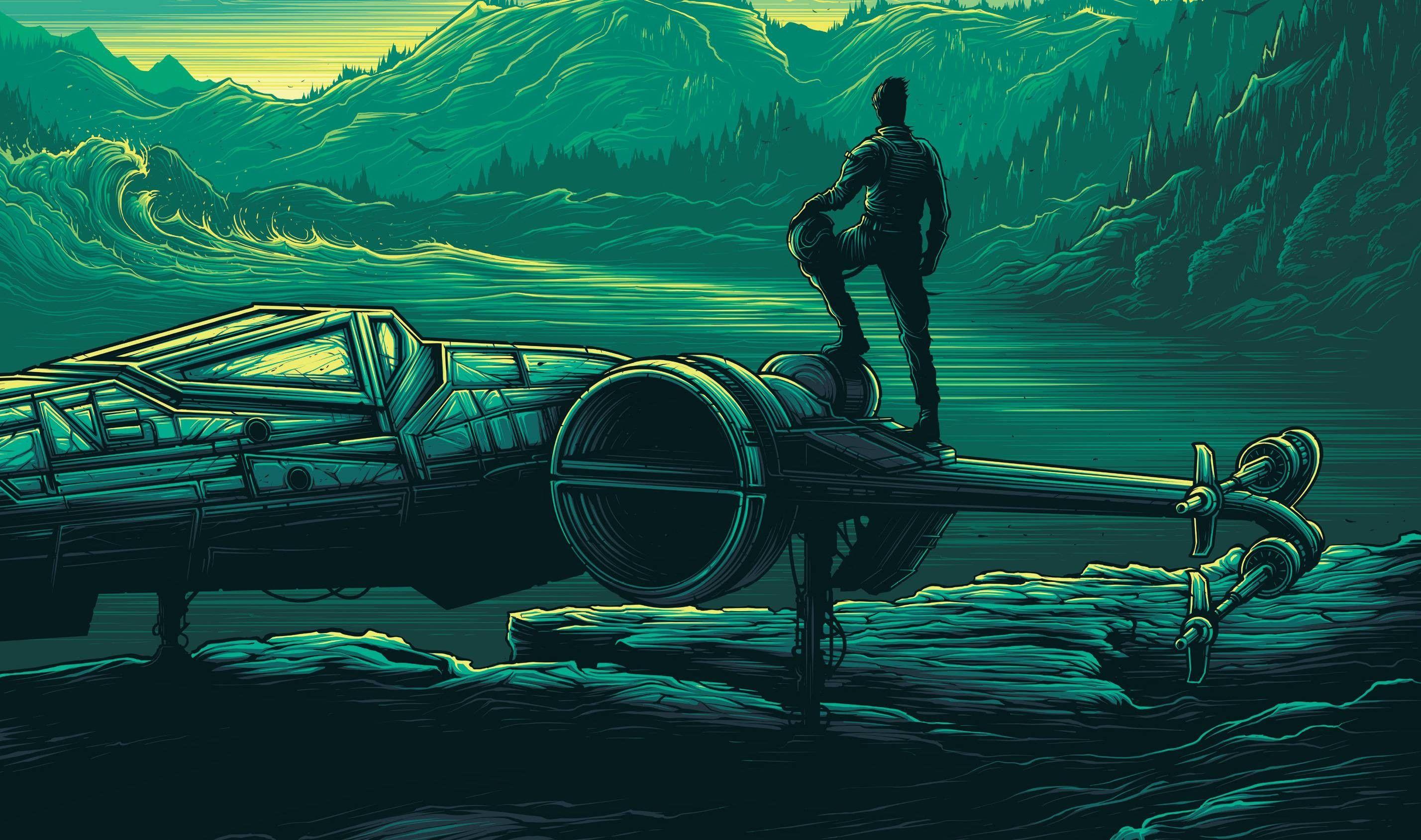 2856x1689 #green, #Dan Mumford, #forest, #pilot, #waves, #cyan, #mountains, #blue, #pastel, #Star Wars, #X Wing, Wallpaper. Mocah.org HD Desktop Wallpaper