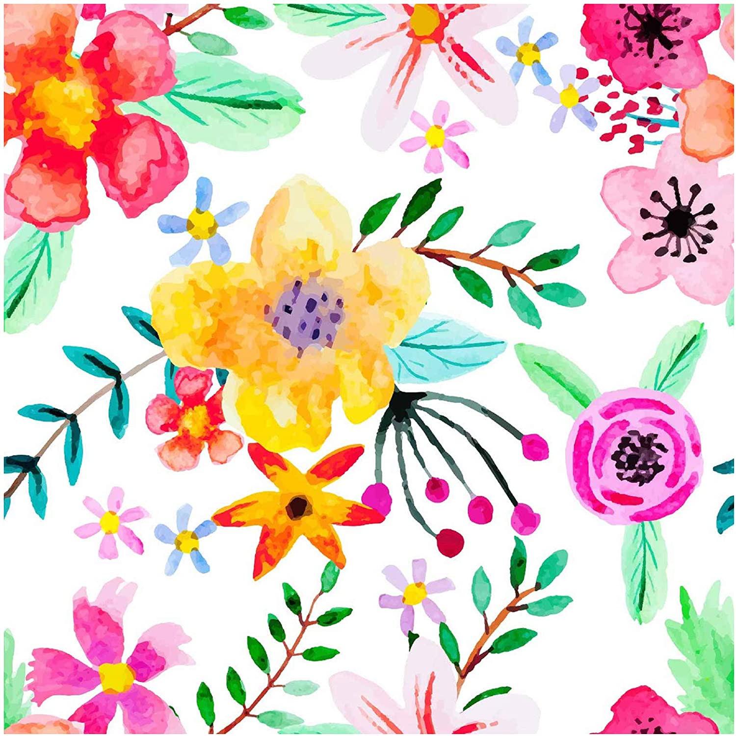 1500x1500 Blooming Wall Peel&Stick Fresh Handpainting Seamless Watercolor Red Yellow Purple Flower Green Leaves Self Adhesive Prepasted Wallpaper Wall Mural: Kitchen & Dining