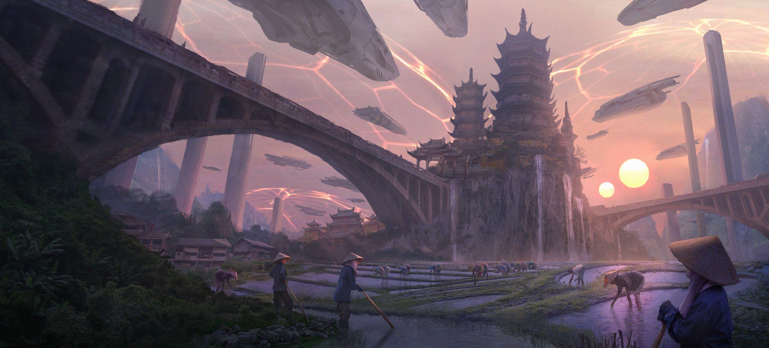 2500x1134 china, Castle, Sunrise, Sunset, Bridge, Fantasy, Cities, City, Asian, Oriental Wallpaper HD / Desktop and Mobile Background. Fantasy city, Digital wallpaper, Desktop background image