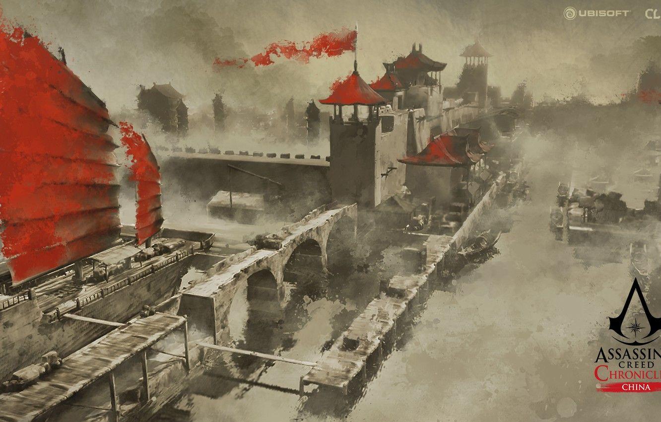 1332x850 Wallpaper city, China, game, walls, Assassin's Creed, castle, ship, digital art, artwork, Assassin's Creed: Chronicles image for desktop, section игры
