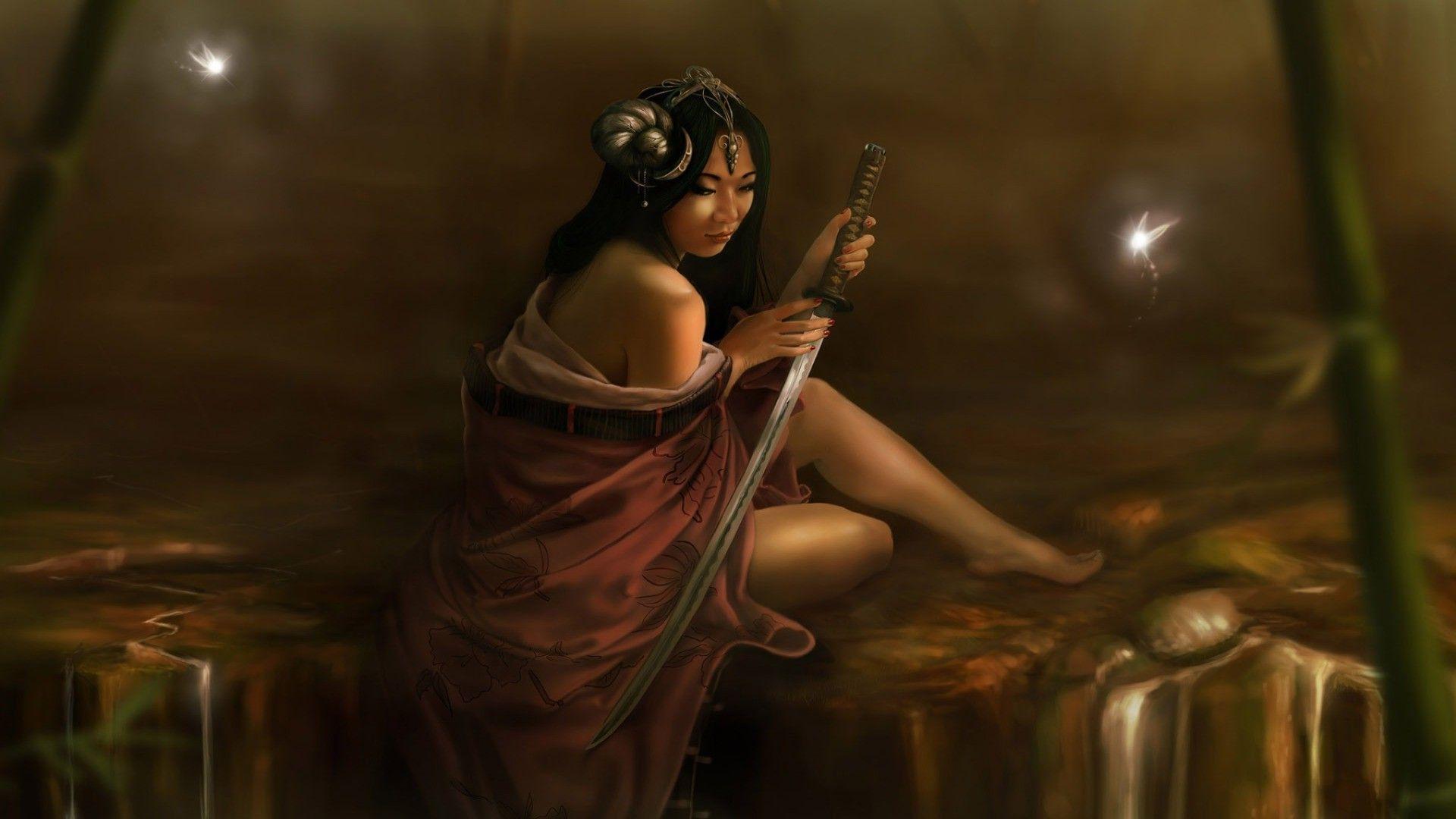 1920x1080 Japanese girl with a samurai sword. Android wallpaper for free