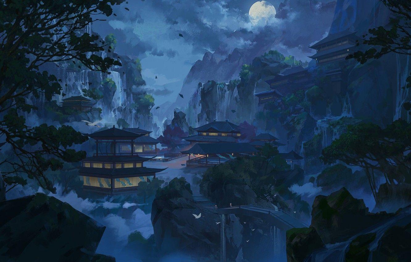 1332x850 Wallpaper Mountains, Night, Figure, The moon, Palace, Castle, China, Asia, Landscape, Architecture, Art, Illustration, by Xu Ergeng, Xu Ergeng image for desktop, section живопись