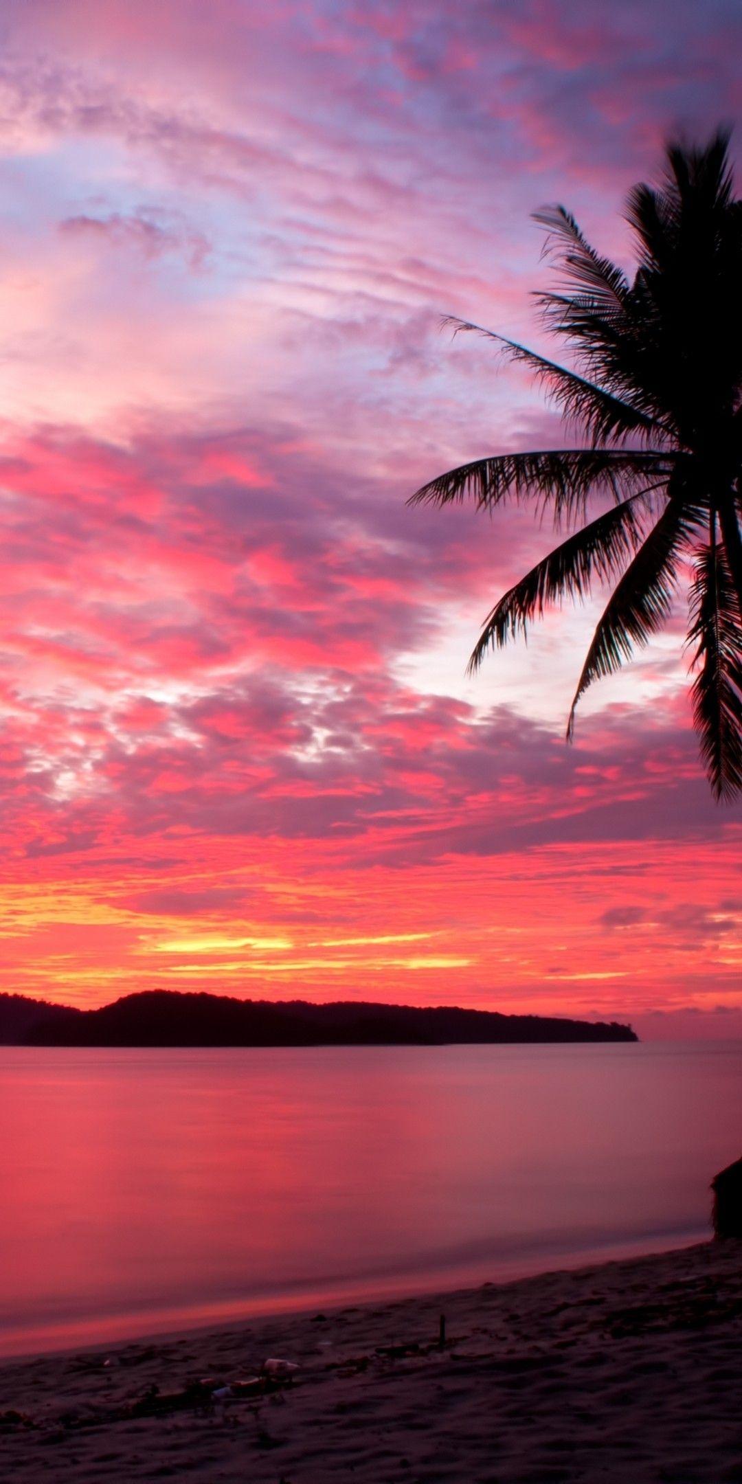 1080x2160 Download 1080x2160 Malaysia, Sunset, Beach, Palms, Island, Red Sky, Clouds Wallpaper for Huawei Mate 10