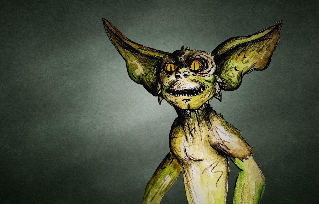 1332x850 Wallpaper Mohawk, eared, a mythical creature, toothy, dark background, greenish, Gremlin, Gremlin image for desktop, section фантастика