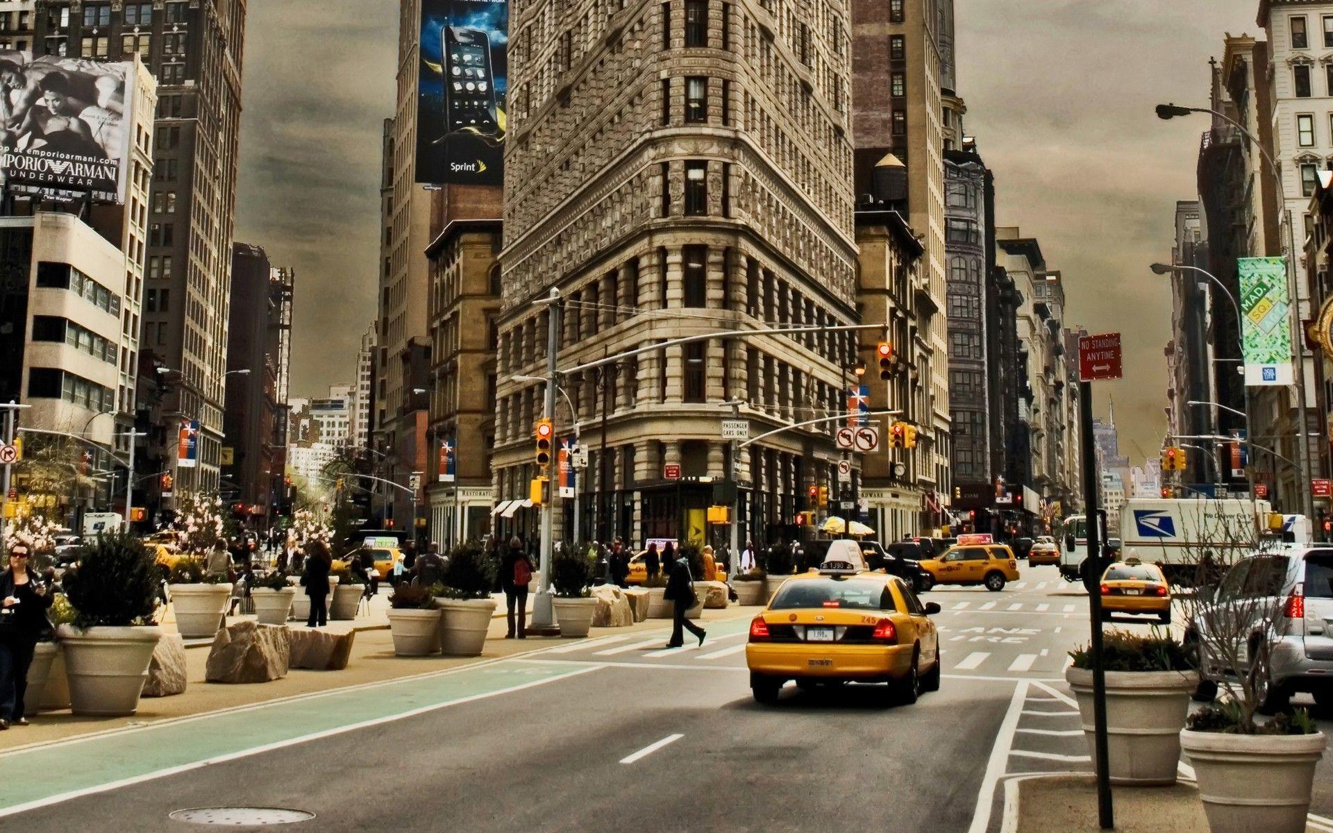 1920x1200 city, Cityscape, Architecture, Road, Building, Skyscraper, Clouds, New York City, Taxi, Car, Street, USA, Manhattan, Flatiron Building, People, Billboards, Traffic Lights Wallpaper HD / Desktop and Mobile Background