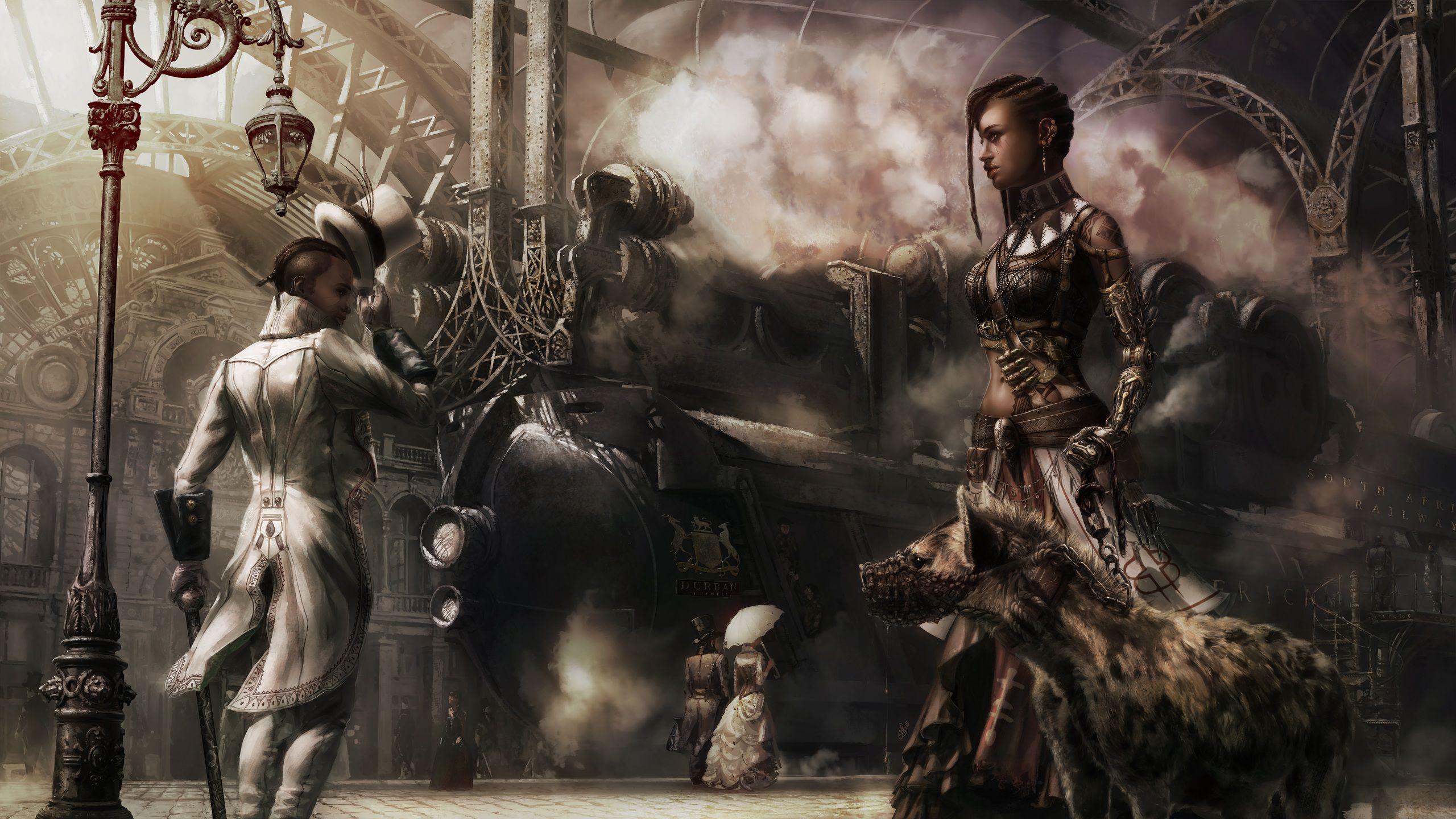 2560x1440 Picture Steampunk Hyenas Girls Fantasy 2560x1440