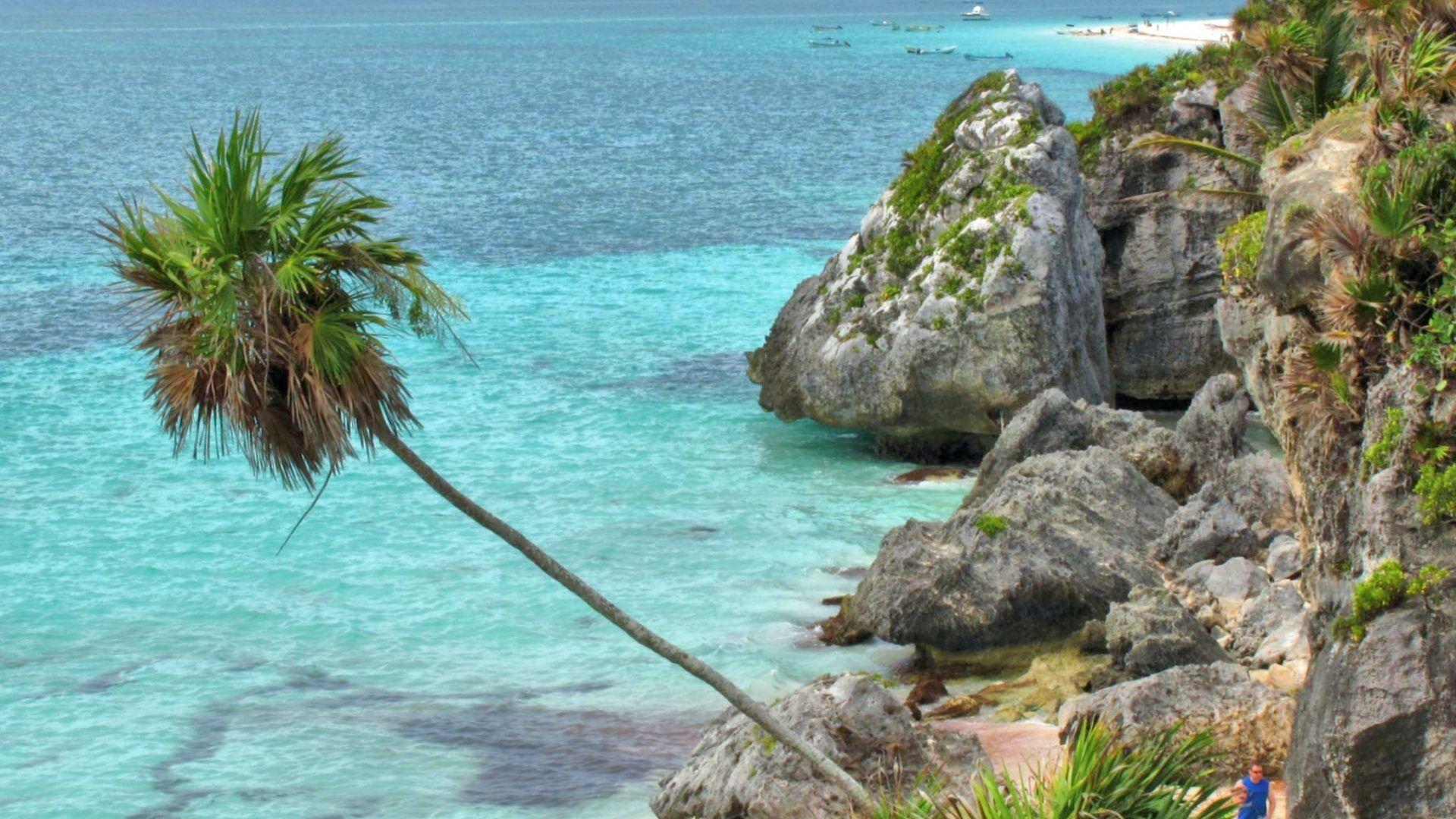 1920x1080 Mexico Tag wallpaper: Cliff Beach Mexico Blue Ocean Area Tulum Palm