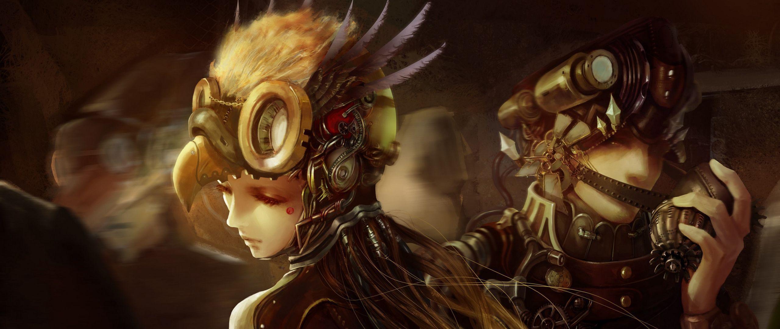 2560x1080 Download wallpaper 2560x1080 art, steampunk, mask, armor, girl, boy dual wide 1080p HD background