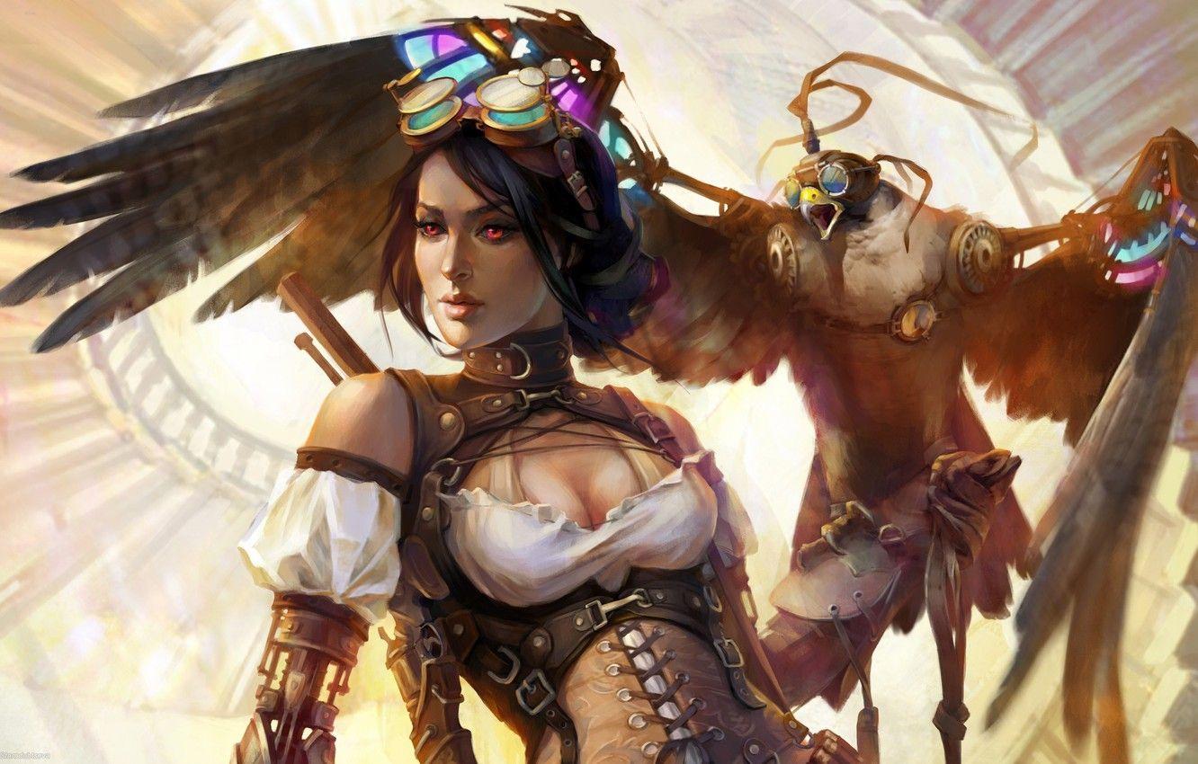 1332x850 Wallpaper Girl, Fantasy, Art, Eagle, Glasses, Artwork, Fantasy Art, Steampunk, Bare Shoulders, Corsage, Red Eye Image For Desktop, Section фантастика