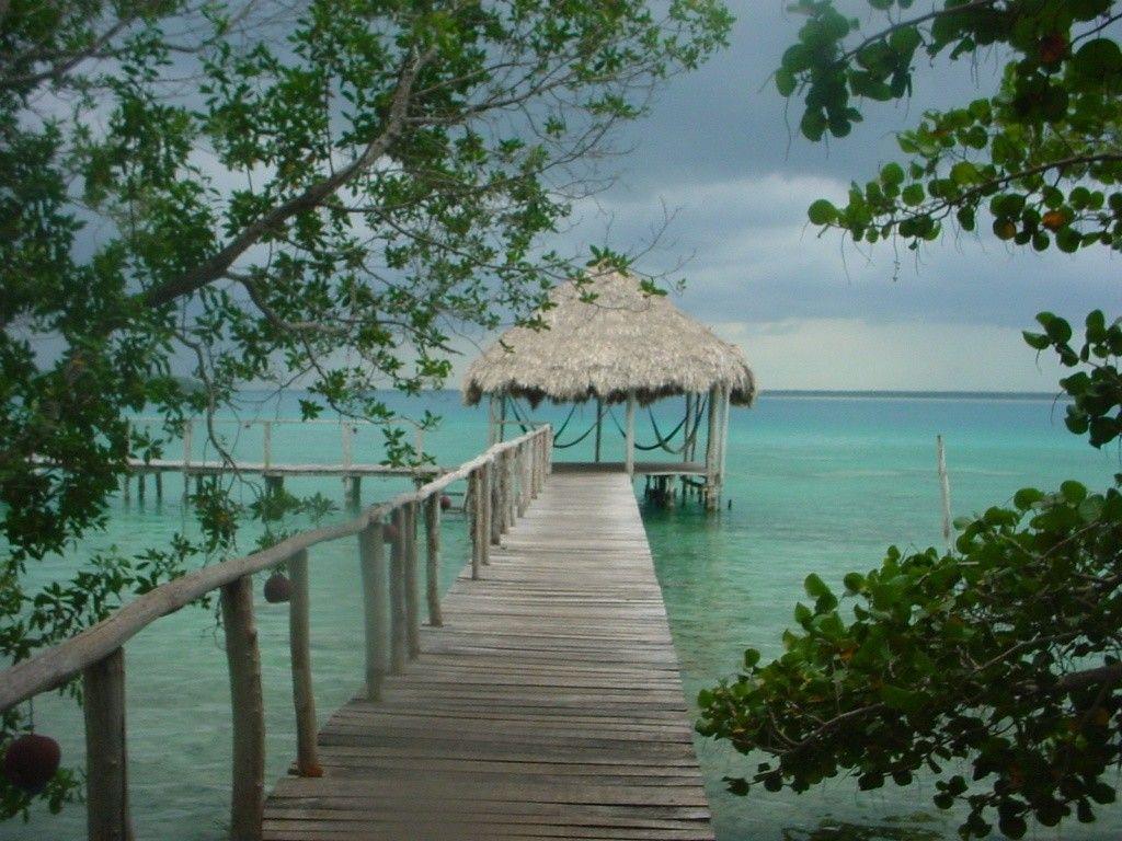 1024x768 Beach: Mexico Beautiful Dock Blue Ocean Sea Trees Laguna Bacalar HD